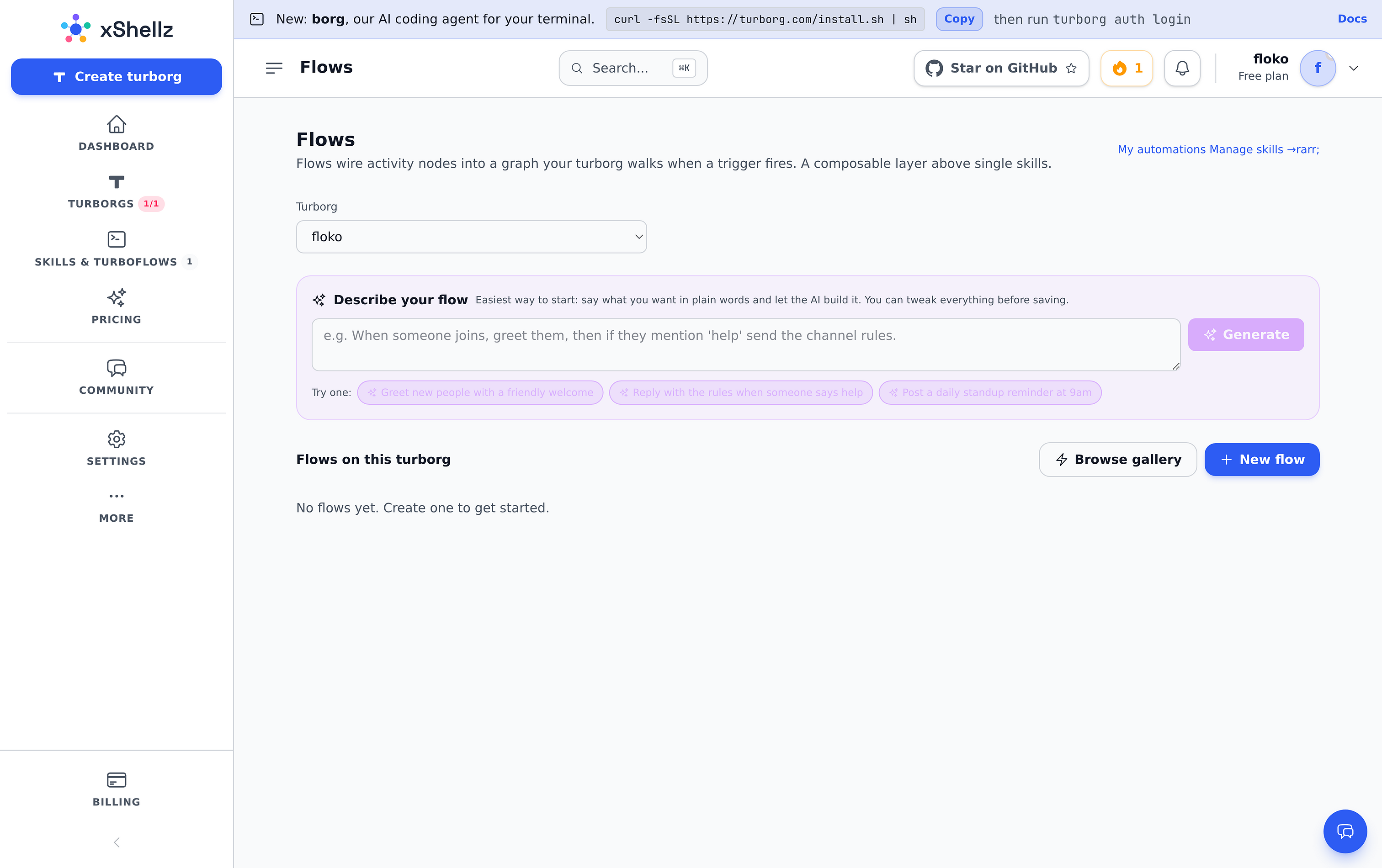 The Flows page with the describe-your-flow AI box