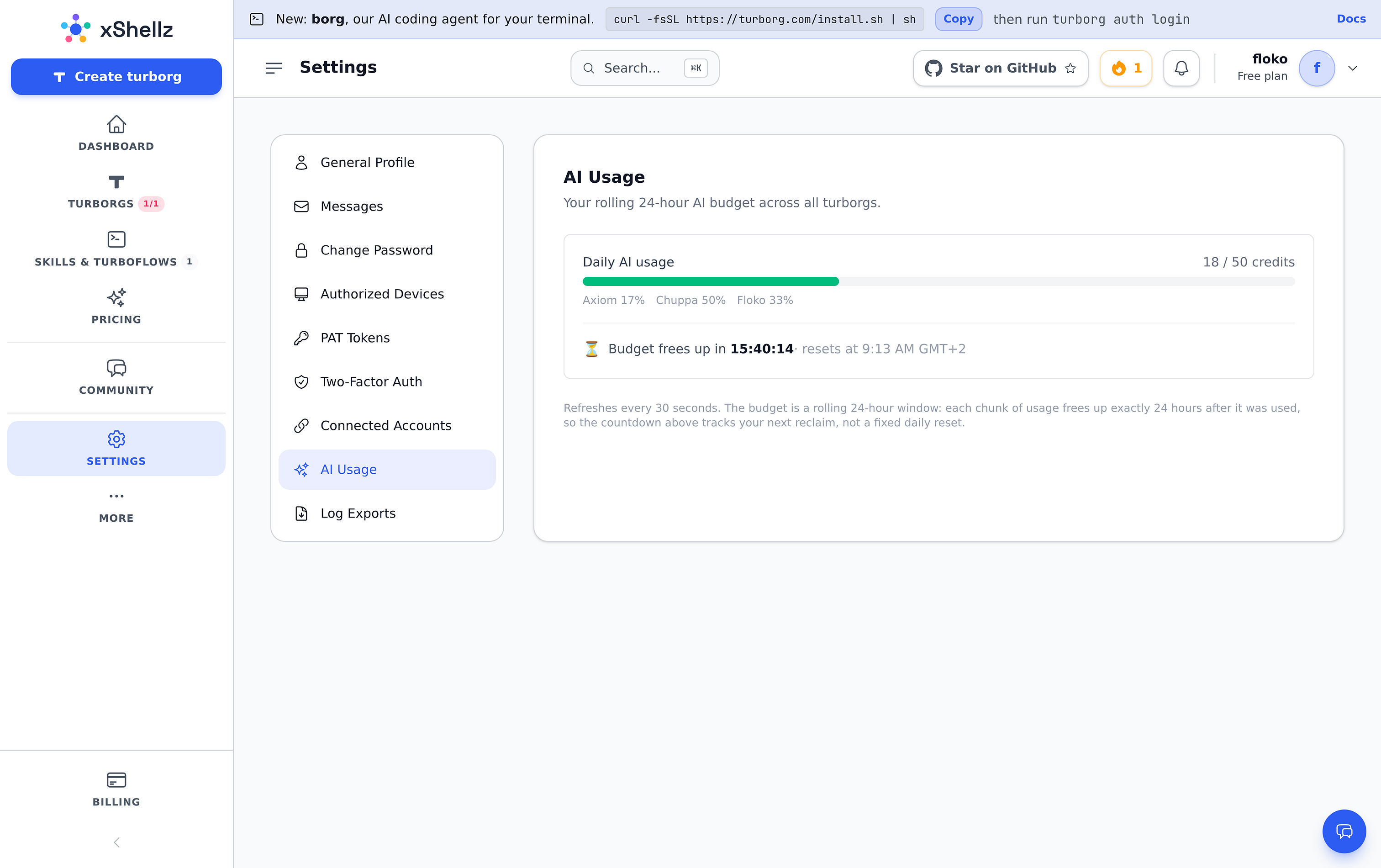 The AI usage page showing a daily credit budget