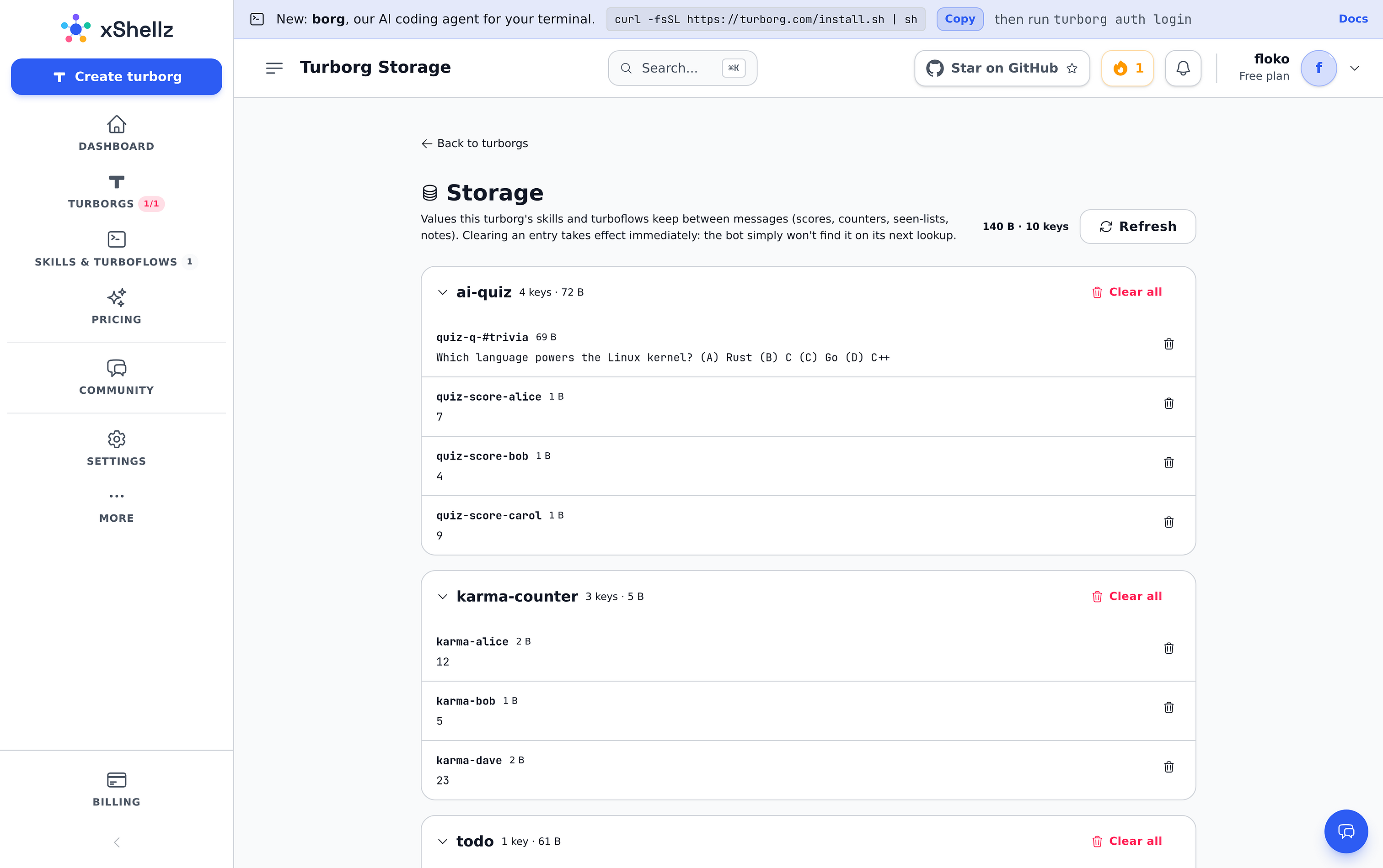 The storage inspector showing quiz scores and karma counters